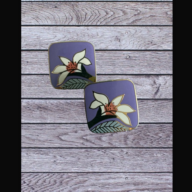 Laurel Burch, Wild Lily Cloisonn Clip On Earrings. Purple With White Li